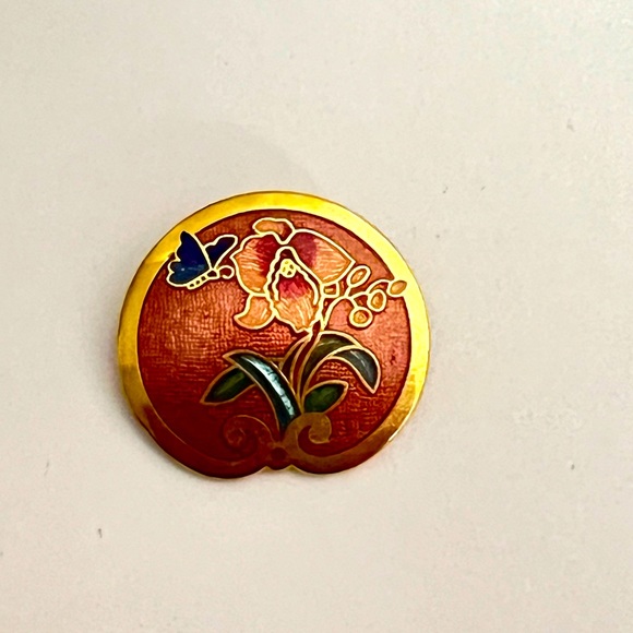 Signed Original Butterfly In Flowers Brooch, 80s Cloisonné Asiatic Enamel PIN - Picture 1 of 2